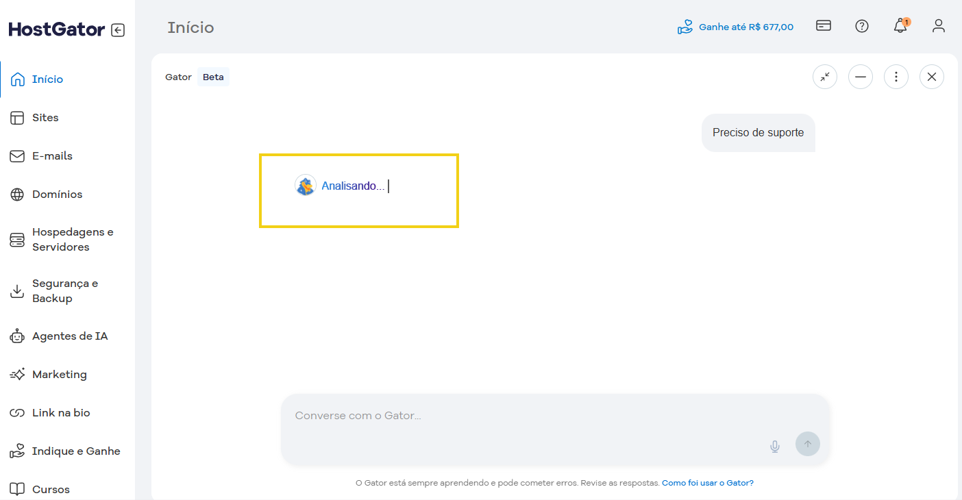 Imagem da conversa com o Gator, com o carregamento da informação "analisando"