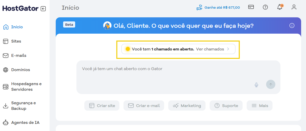 Imagem do Portal do Cliente, destacando informação "Você tem 1 chamado em aberto - Ver chamados" no topo da conversa com o Gator"