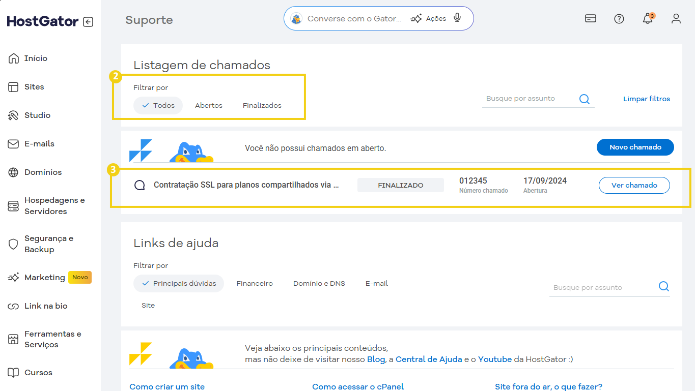 Imagem mostra área de "Listagem de Chamados" do Portal do Cliente" destacando as opções de filtro e informações disponíveis como: status do chamado, numero do chamado, data de abertura e ver chamado.