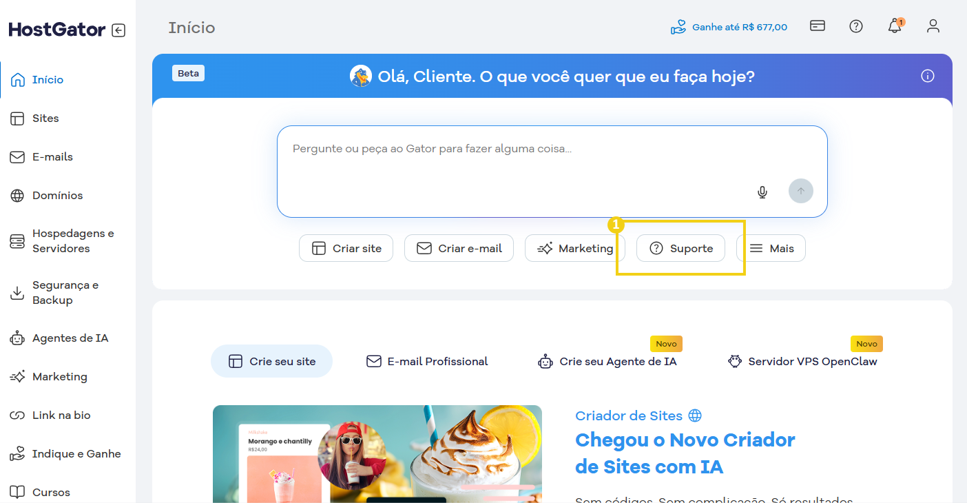 Imagem do Portal do Cliente com a marcação no botão suporte dentro da caixa do dialogo do gator IA