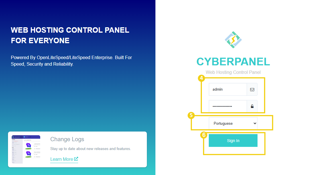 Imagem mostra a tela de login do CyberPanel, onde deve ser inserido o usuário, senha, selecionado o idioma “Portuguse” e para concluir o acesso, clicar em Sign In, que significa entrar