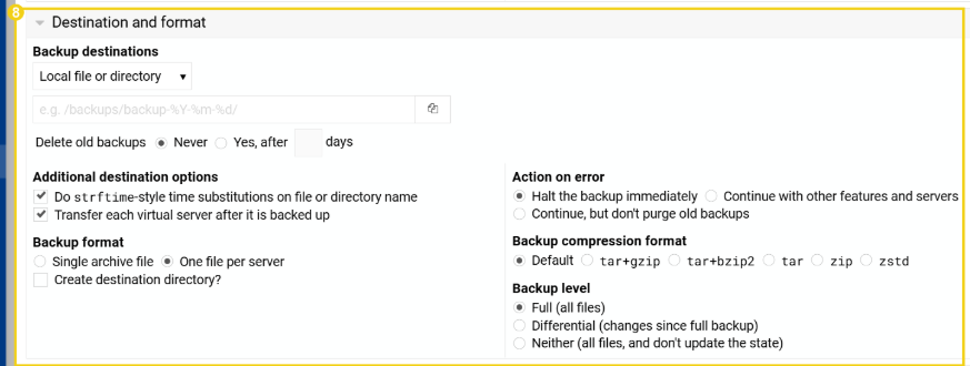 Imagem mostra a tela para criar o agendamento de backup, com marcação na primeira seção "Destination and format"