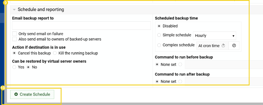 Imagem destaca área de Schedule&nbsp;and&nbsp;reporting do Virtualmin, com as opções para definir a rotina