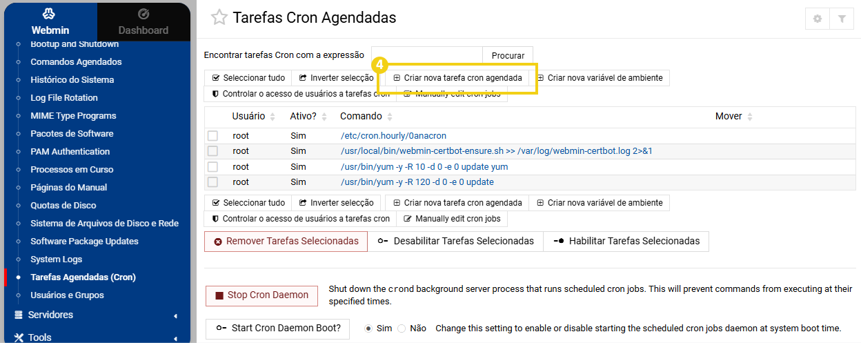 Na área de gerenciamento de tarefas cron, está destada a opção "Criar nova tarefa cron agendada"