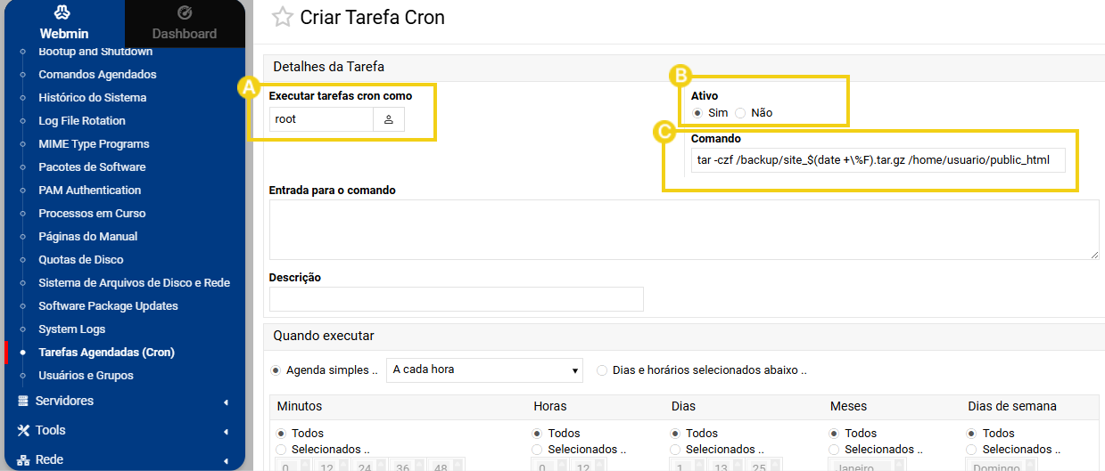 Na tela de detalhes da tarefa Cron, do painel webmin. Destacando opções como usuário para rodar a tarefa, botão para habilitar ou desabilitar e campo para digitar o comando 