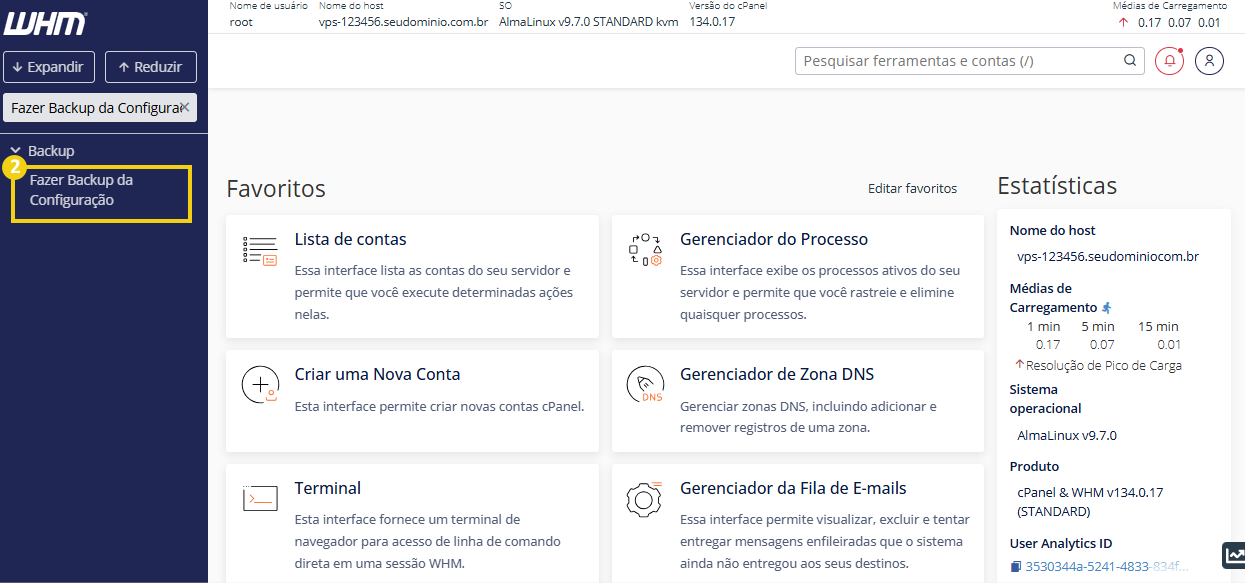 Imagem do painel WHM, destacando campo de busca com a busca "Fazer backup da configuração"