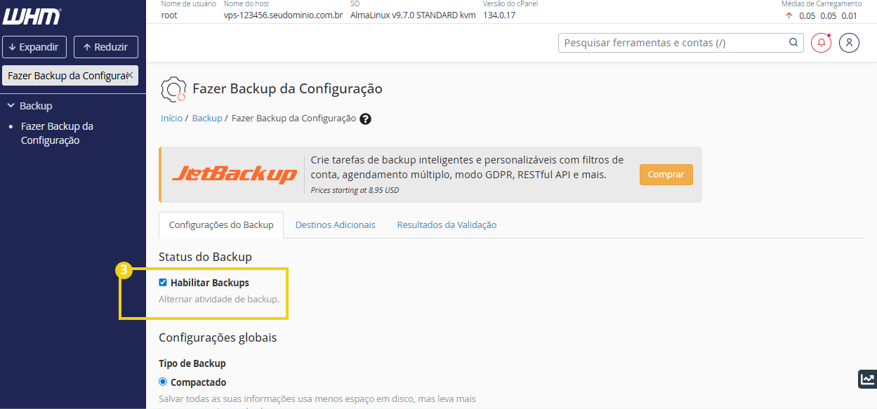 Imagem do painel WHM, destacando campo para habilitar ou desabilitar backups