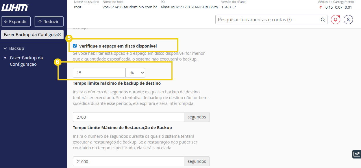 Imagem mostra checkbox com a definição para verificar espaço em disco.