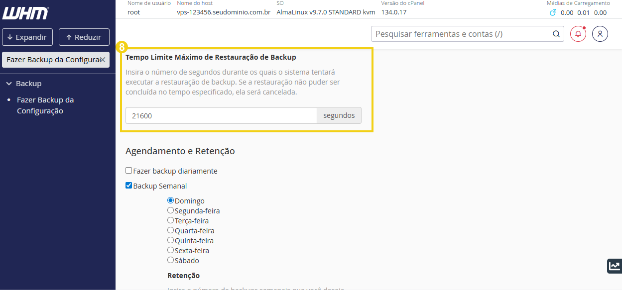 Imagem mostra campo "tempo limite máximo de restauração de backup" para definição do limite na area de gerenciamento de backups do painel WHM