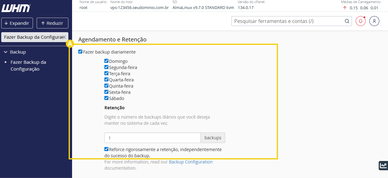 Imagem da seção de agendamento e retenção de backups do painel WHM