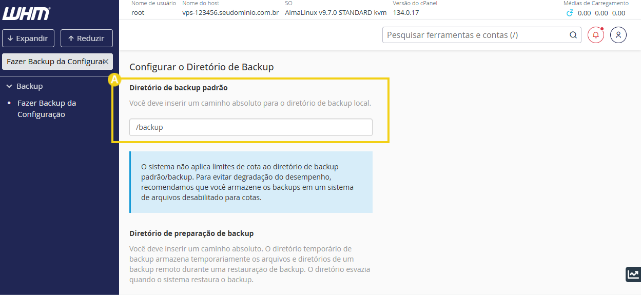 Imagem destaca área de gerenciamento de backups destacando o campo "diretorio de backup padrão" preenchido com "/backup"