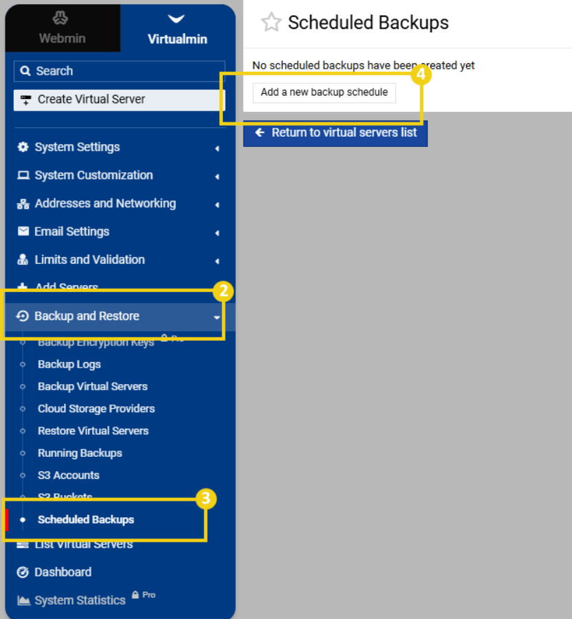 Imagem do painel Virtualmin, destacando no lado direito a opção "Backup And Restore", seguido do botão "Add a new backup schedule"
