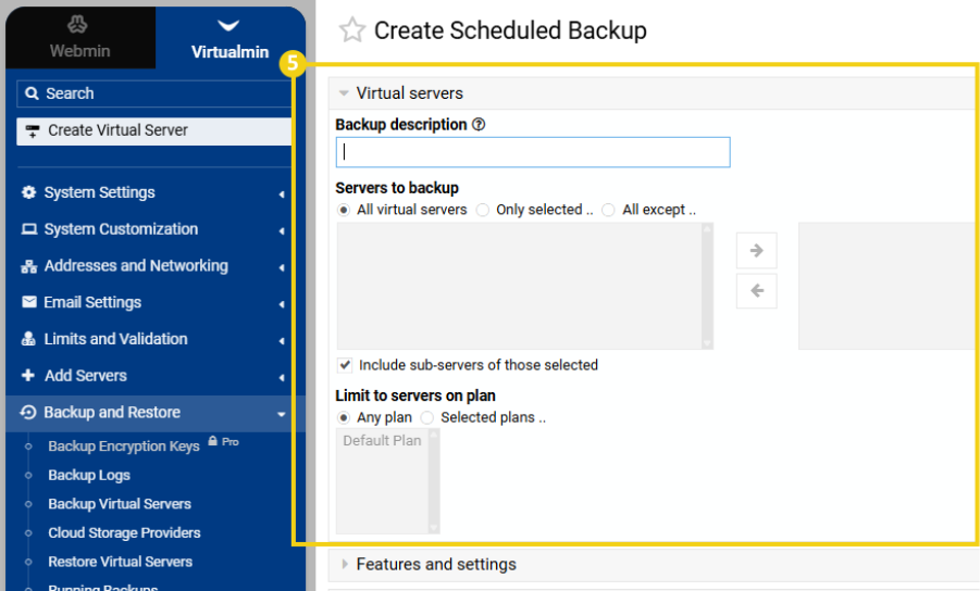 Imagem mostra área de configuração de backup do painel Virtualmin, destacando a área para preenchimento de campos como descrição, servidores e limites