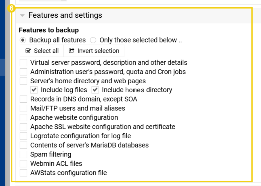 Imagem destaca área "feature e settings" do painel Virtualmin