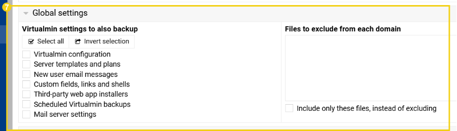 Imagem destaca opção "Global settings" do Virtualmin, mostrando campos para selecionar configurações adicionais