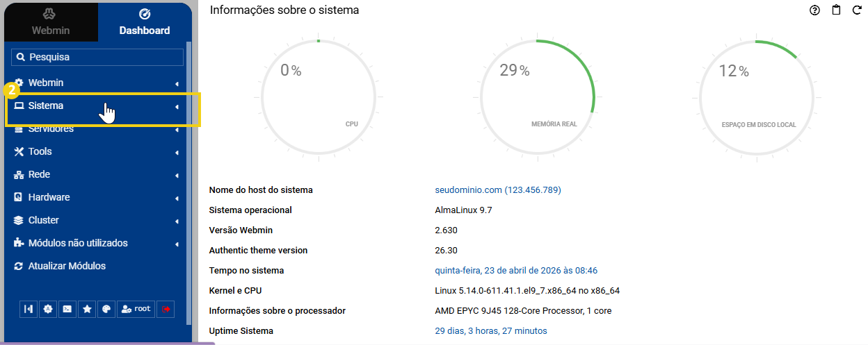 Imagem da tela inicial do painel Webmin, destacando opção "Sistema" localizada no lado direito da tela