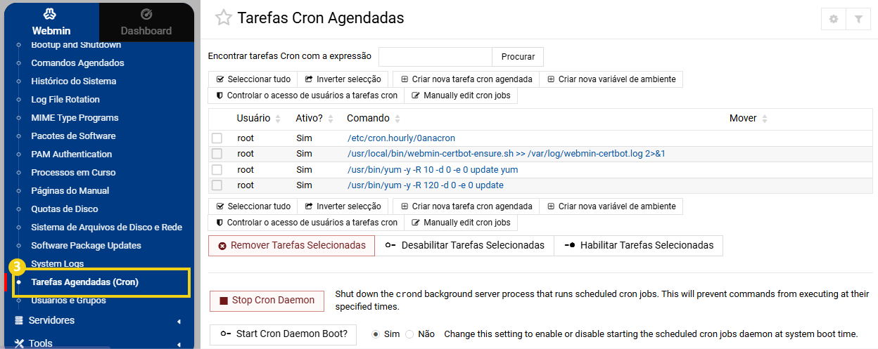 Ainda no lado direito da tela, está destacada a opção "Tarefas agendadas (Cron)