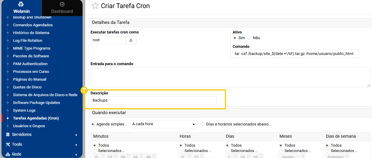 Imagem destaca campo "descrição" para indicar o nome da rotina de backups do painel Webmin