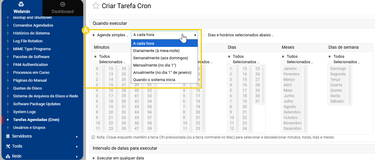 Imagem destaca área de gerenciamento de tarefas cron do painel webmin, destacando opções de frequencia