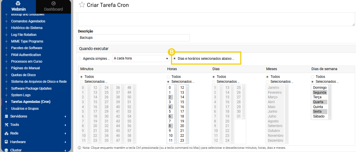 Imagem destaca área de gerenciamento de tarefas cron do painel webmin, destacando opções de frequencia com dias e horários selecionados