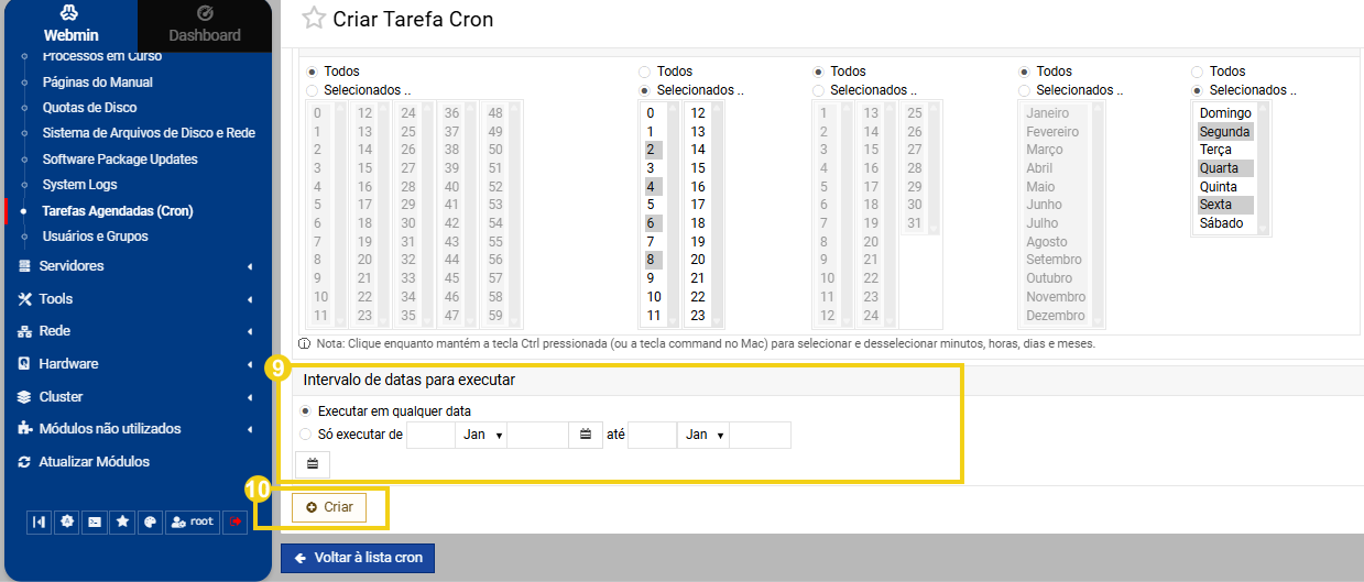 Imagem destaca seção "intervalo de datas para executar", com campos para execução da tarefa