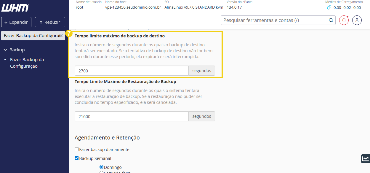 Imagem mostra área de gerenciamento de backups do painel WHM, destacando campo "tempo limite máximo de backup de destino"