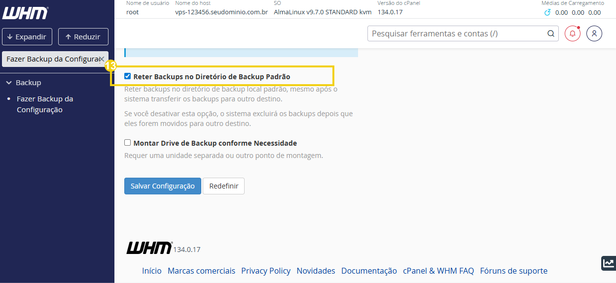 Imagem mostra  a opção habilitada por padrão "reter backups no diretório de backup padrão"