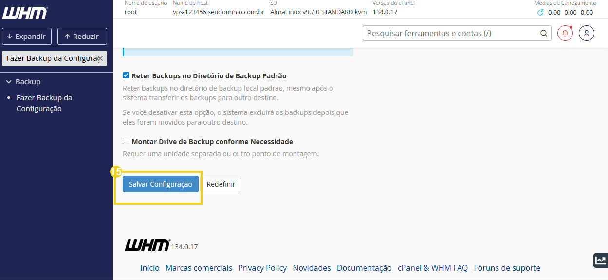 Imagem destaca botão azul "salvar configuração" ao final da página de  gerenciamento de backups do WHM