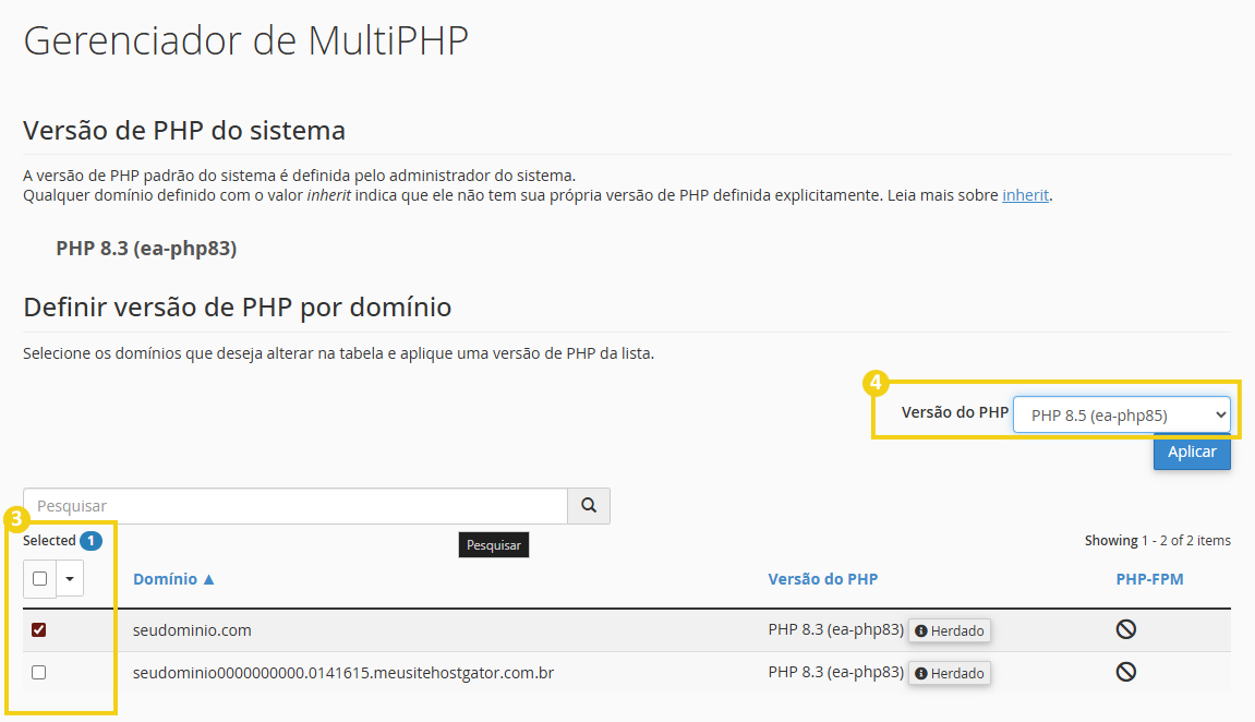 Imagem de tela da administração do Gerenciador de MultiPHP mostrando a configuração da versão PHP, atualmente ajustada para PHP 8.5, com opções de domínio e pesquisa.