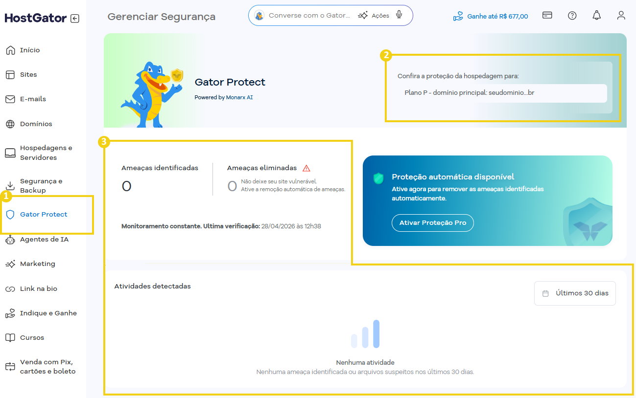 Imagem mostra a tela do Portal do Cliente com a marcação na área do Gator Protect
