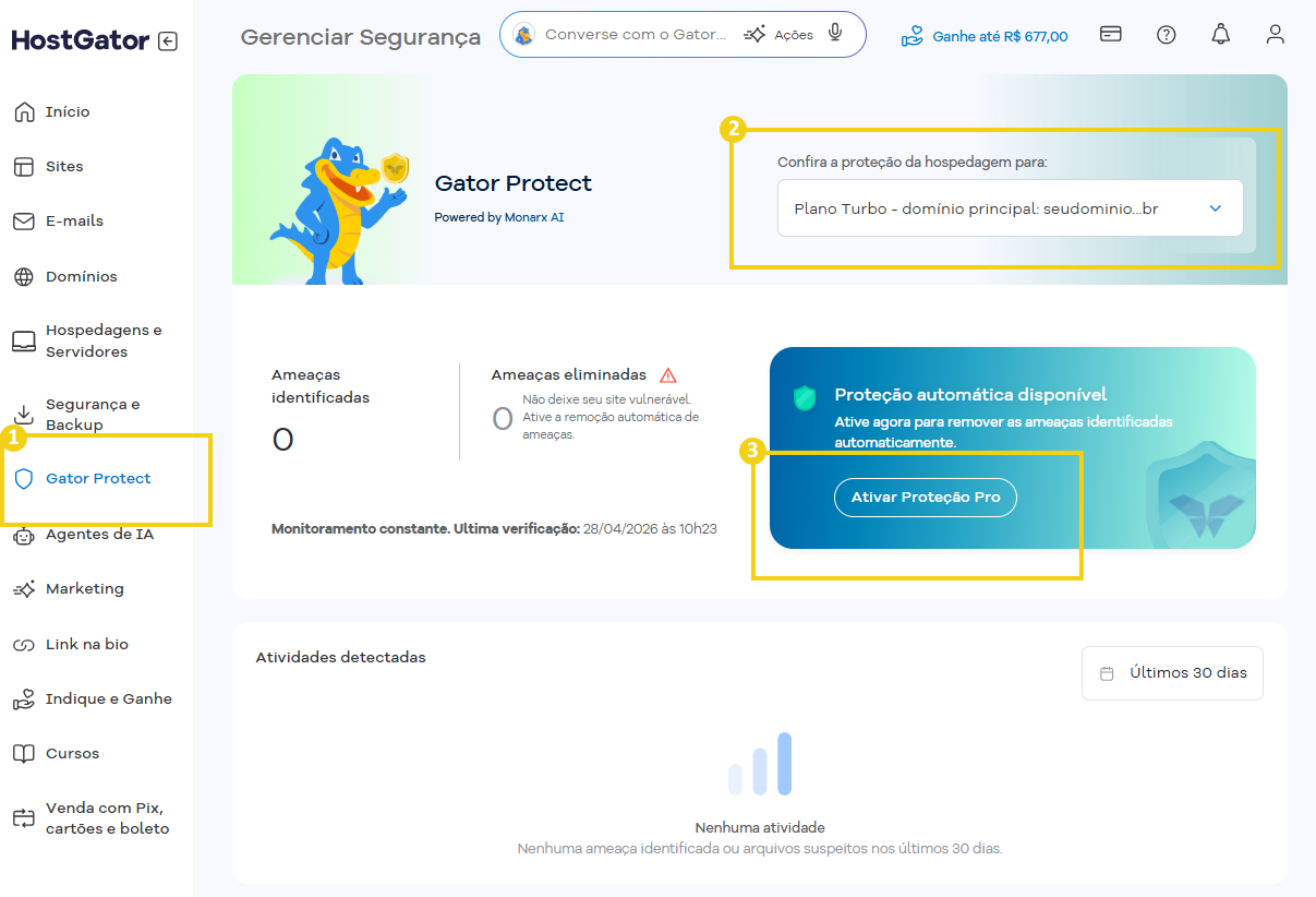 Tela de gerenciamento de segurança do HostGator, destacando a opção Gator Protect para proteção automática de ameaças na hospedagem de sites