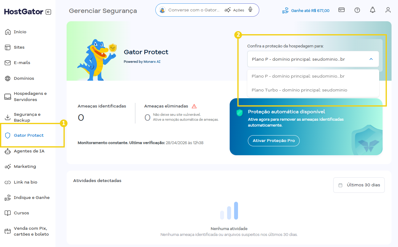 Tela do Gerenciador de Segurança do HostGator mostrando opções de proteção de hospedagem e planos de domínio