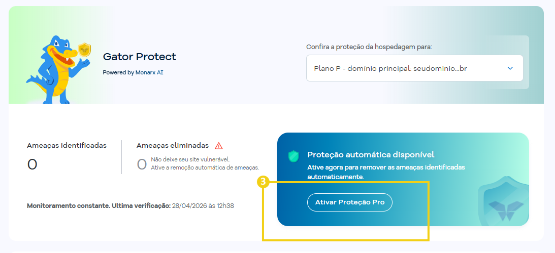 Tela do painel de gerenciamento do Gator Protect, sistema de proteção contra ameaças na internet, com destaque para o botão de ativar proteção Pro e o aviso de período de teste ativo
