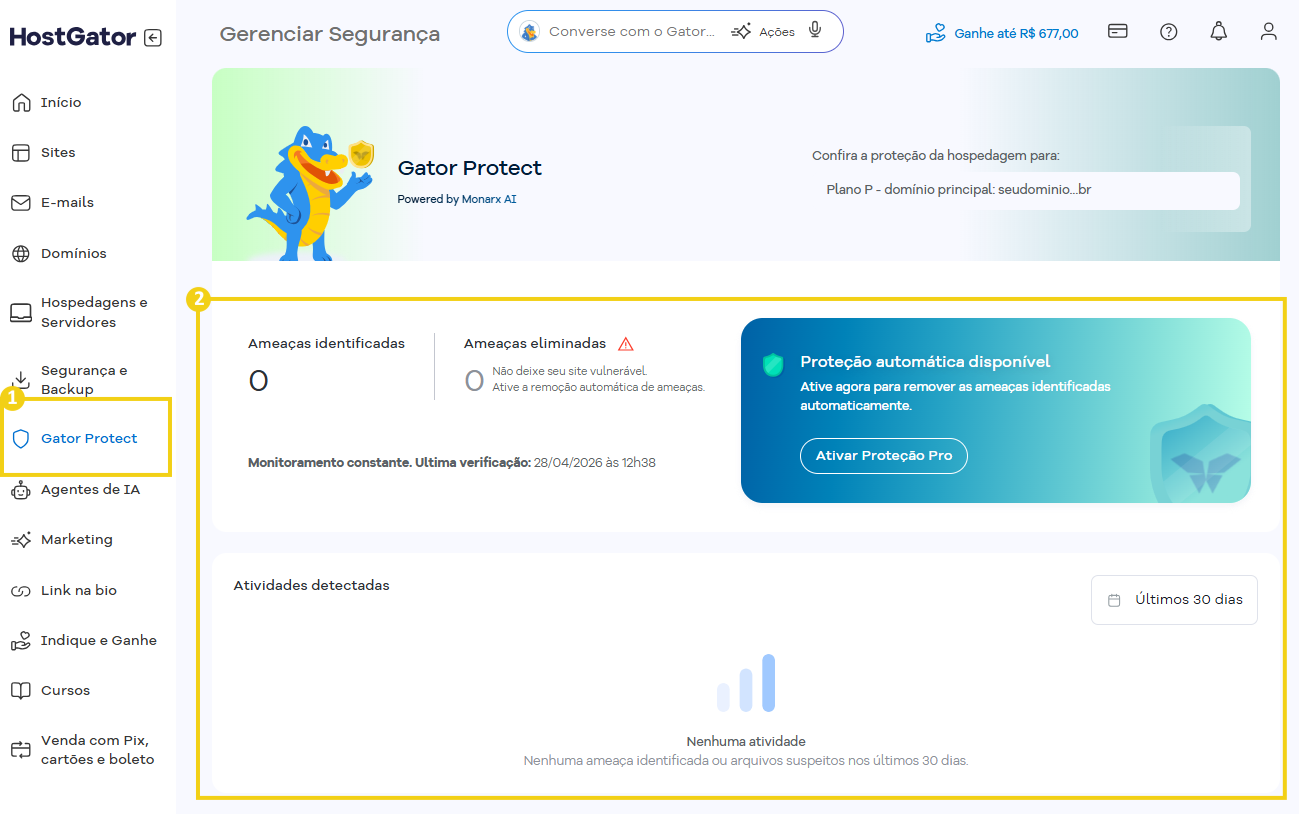 Imagem mostra a tela do Portal do Cliente onde é disponibilizado o Gator Protect
