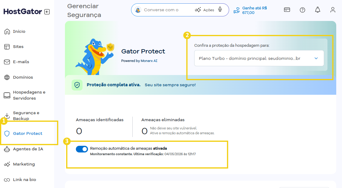 Imagem mostra a tela do Portal do Cliente, apresentando o fluxo de acesso a àrea do Gator Protect e o local onde o botão deve estar ativado