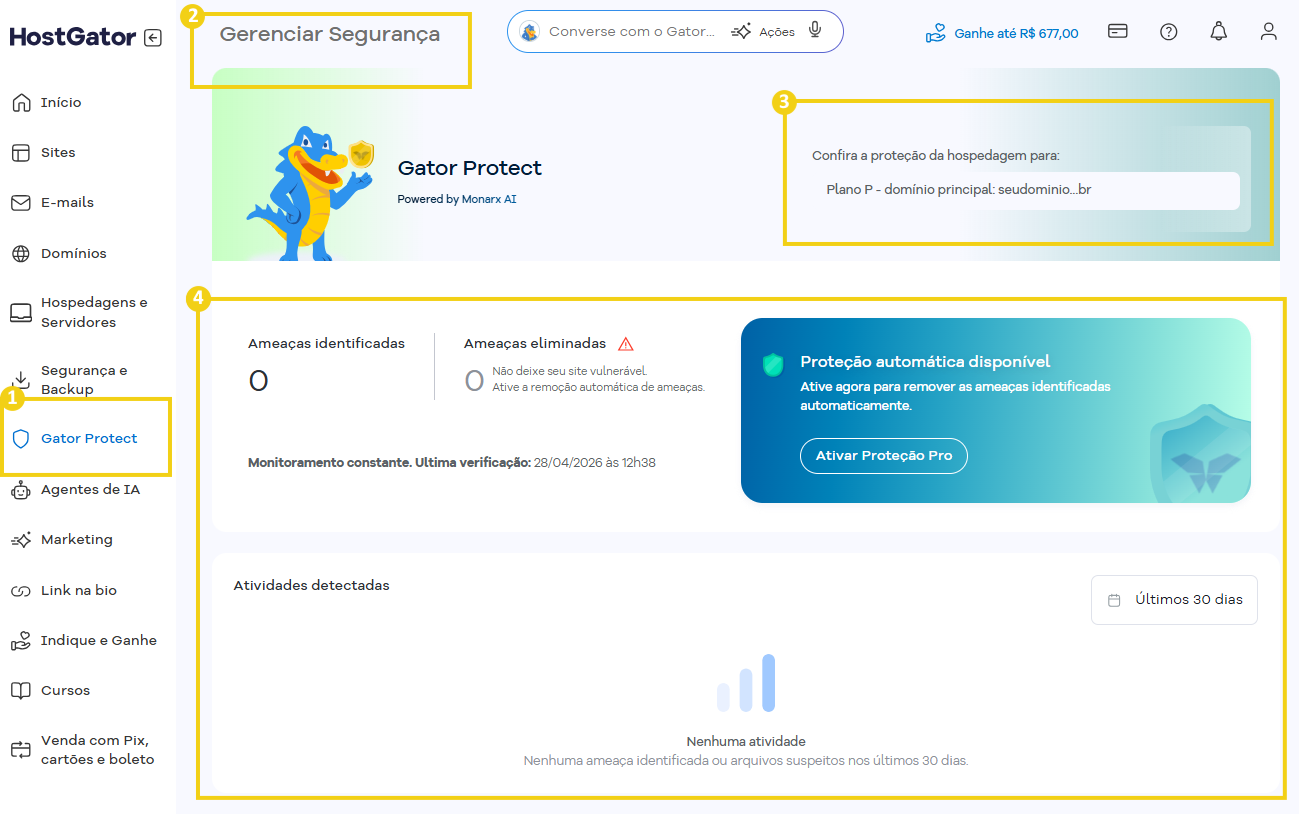 Imagem do Portal do Cliente que mostra o acesso a área do Gator Protect