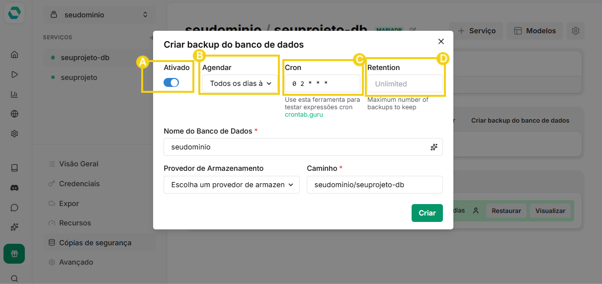 Imagem da area de gerenciamento de backups de banco de dados do EasyPanel, destacando as opções Ativado, Agendar, Cron e Retention (Retenção)