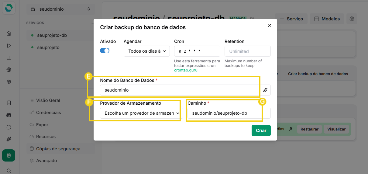 Imagem da area de gerenciamento de backups de banco de dados do EasyPanel, destacando as opções Ativado, Nome do Banco de Dados, Provedor de Armazenamento e Caminho