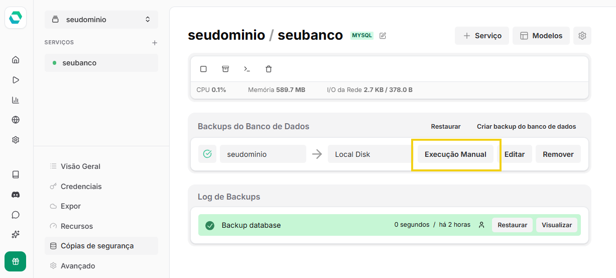 Imagem da opção "execução manual" da área de gerenciamento de backups do EasyPanel