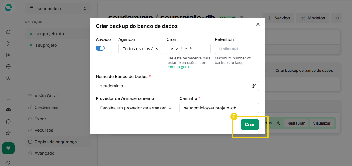 destaque ao botão "criar" na tela de configuração de backups do easypanel