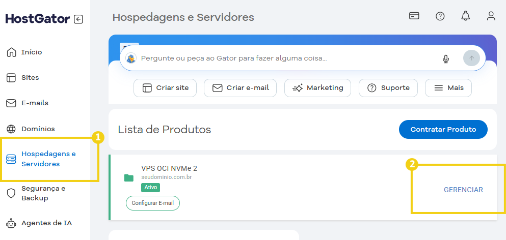 Imagem mostra a tela do Portal do Cliente com a marcação no menu lateral em "Hospedagens e Servidores" e depois no plano VPS, no botão "Gerenciar"