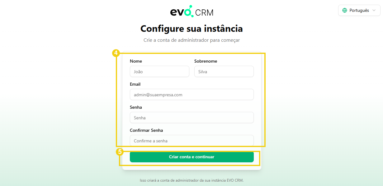 Imagem mostra tela inicial para configurar instancia no Evolution CRM