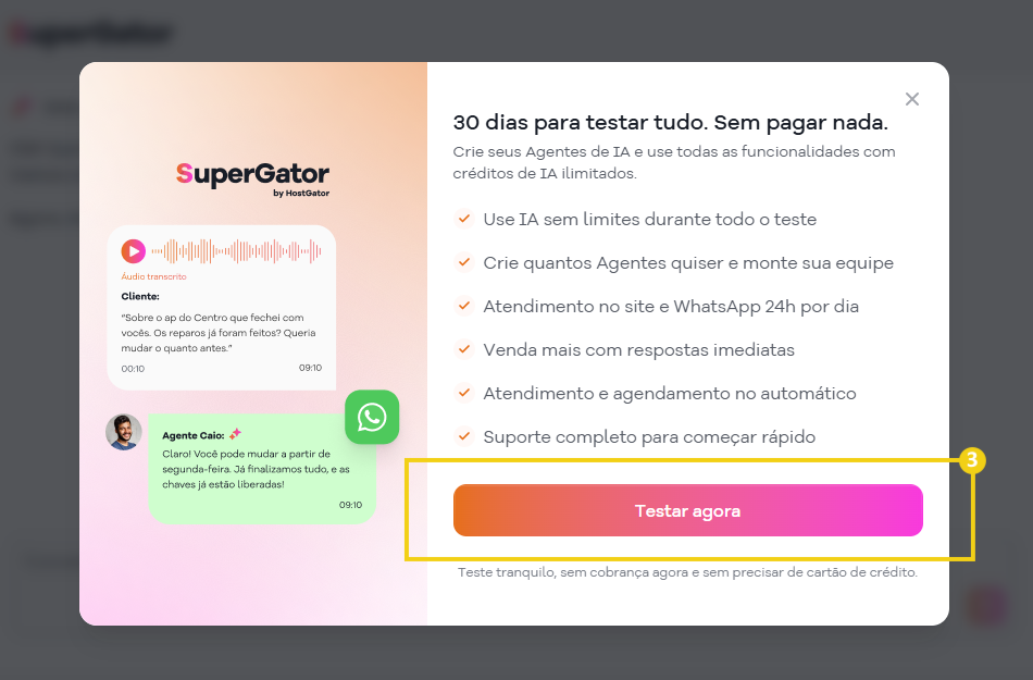 Imagem mostra a tela com a mensagem para iniciar o período de teste grátis