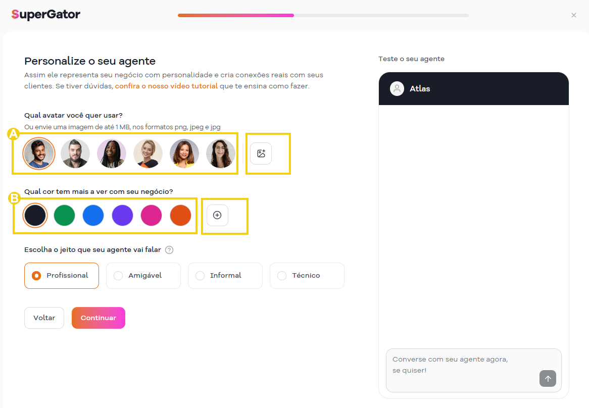 Imagem mostra a tela com os campos para personalizar agente