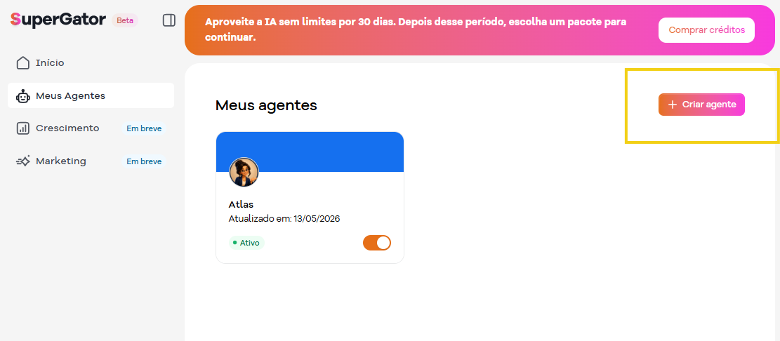 Imagem mostra a tela do portal do SuperGator com o botão para criar um agente
