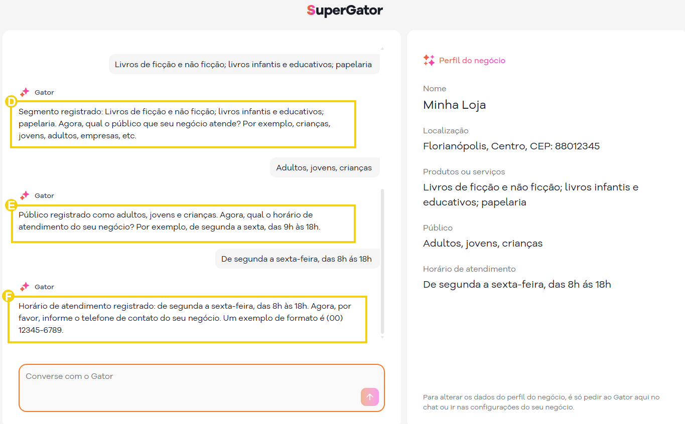 Imagem mostra a tela com a conversa do Gator para criar o agente de IA