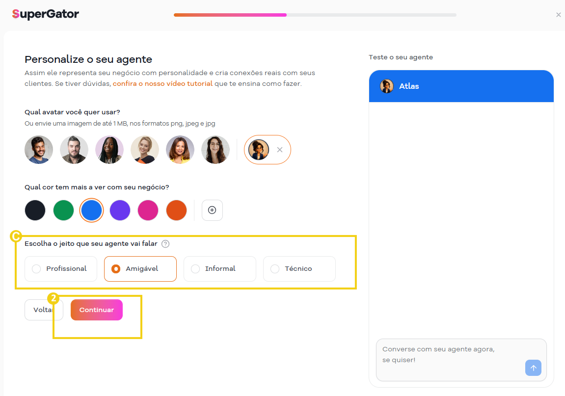 Imagem mostra a tela com os campos para personalizar agente