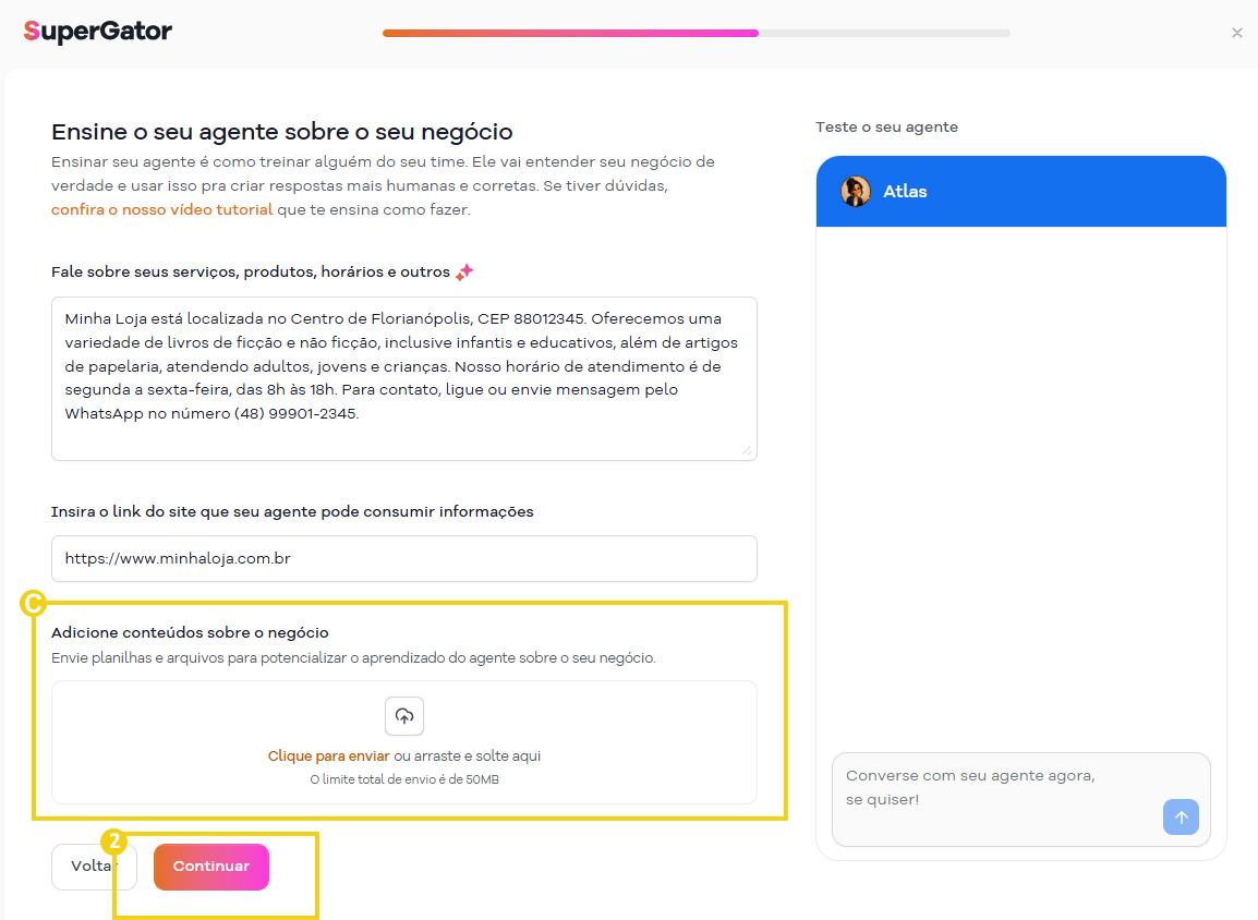 Imagem mostra a tela com os campos para ensinar o agente
