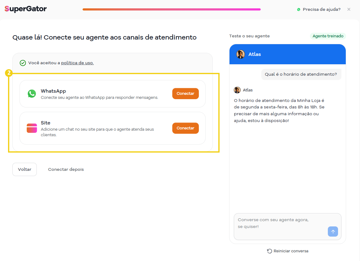 Imagem mostra a tela com os campos para integrar o agente ao site e WhatsApp
