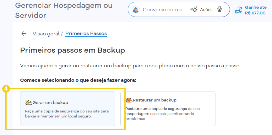 Tela de ajuda com o título “Primeiros passos em Backup”, orientações para gerar e restaurar backups, e caixas de seleção para “Gerar um backup” e “Restaurar um backup” em um painel de hospedagem